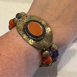 NWT Ruby Rd stretch bracelet, antiqued gold/ brass w/ orange, brown & blue beads